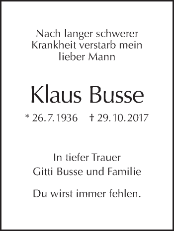 Traueranzeige von Klaus Busse von Tagesspiegel