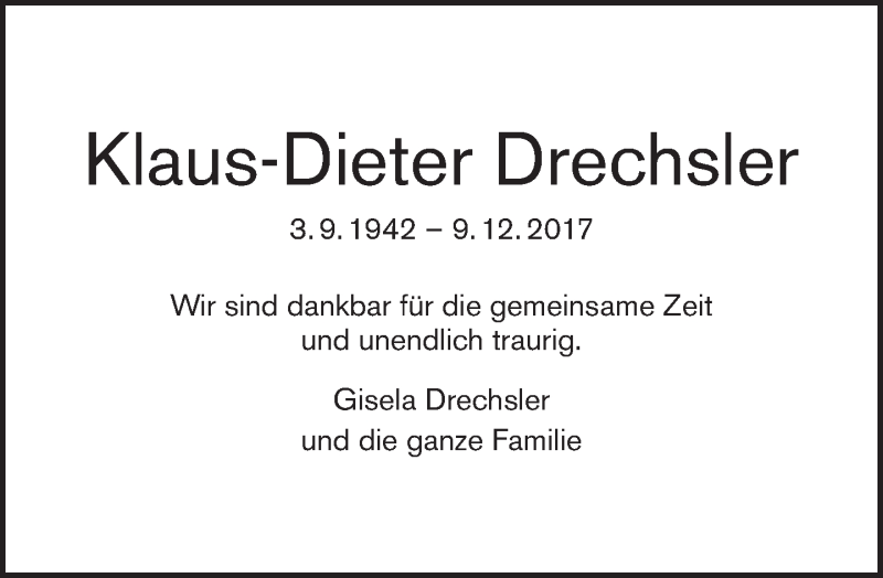  Traueranzeige für Klaus-Dieter Drechsler vom 17.12.2017 aus Tagesspiegel