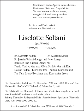 Traueranzeige von Liselotte Soltani von Tagesspiegel