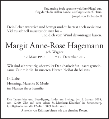 Traueranzeige von Margit Anne-Rose Hagemann von Tagesspiegel