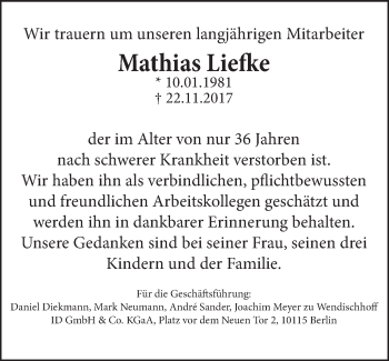 Traueranzeige von Mathias Liefke von Tagesspiegel
