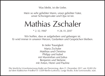 Traueranzeige von Mathias Zschaler von Tagesspiegel