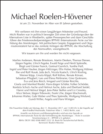 Traueranzeige von Michael Roelen-Hövener von Tagesspiegel