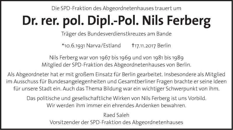  Traueranzeige für Nils Ferberg vom 03.12.2017 aus Tagesspiegel