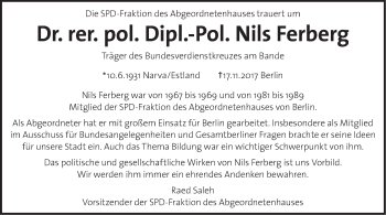Traueranzeige von Nils Ferberg von Tagesspiegel