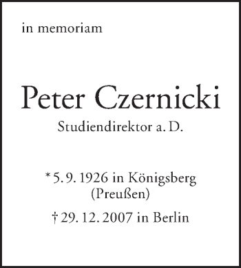 Traueranzeige von Peter Czernicki von Tagesspiegel