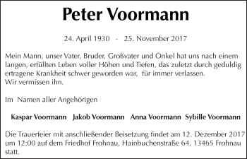 Traueranzeige von Peter Voormann von Tagesspiegel