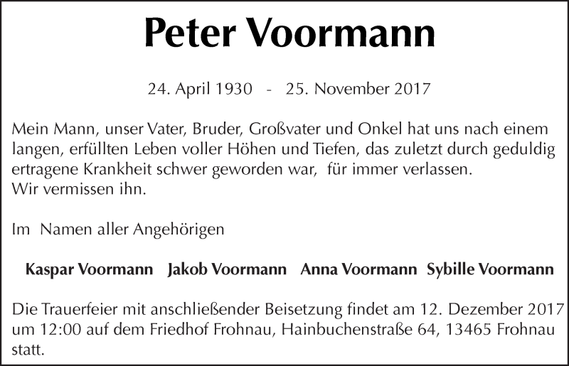  Traueranzeige für Peter Voormann vom 05.12.2017 aus Tagesspiegel