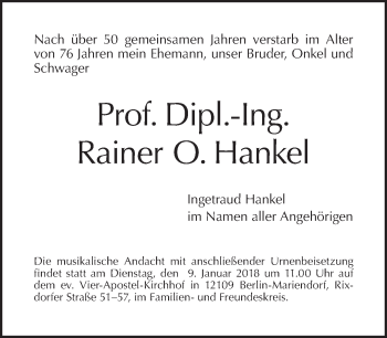 Traueranzeige von Rainer O. Hankel von Tagesspiegel