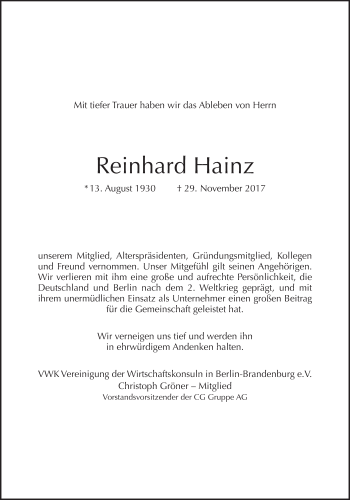 Traueranzeige von Reinhard Hainz von Tagesspiegel