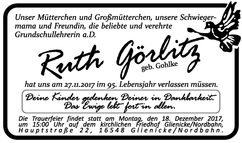  Traueranzeige für Ruth Görlitz vom 16.12.2017 aus Tagesspiegel