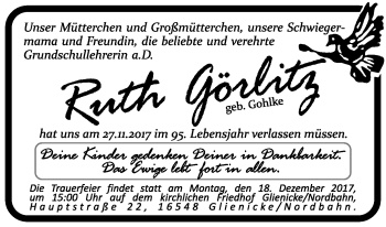 Traueranzeige von Ruth Görlitz von Tagesspiegel