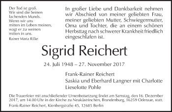 Traueranzeige von Sigrid Reichert von Tagesspiegel