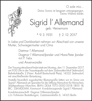 Traueranzeige von Sigrid l´Allemand von Tagesspiegel
