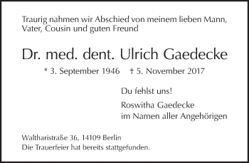 Traueranzeige von Ulrich Gaedecke von Tagesspiegel
