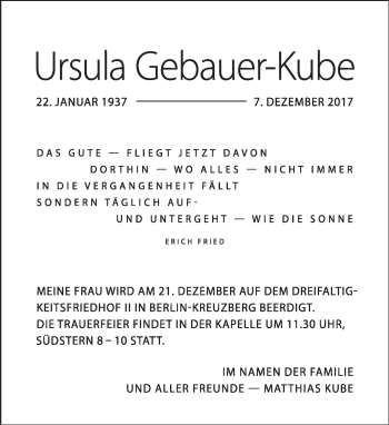 Traueranzeige von Ursula Gebauer-Kube von Tagesspiegel