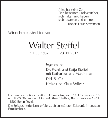 Traueranzeige von Walter Steffel von Tagesspiegel