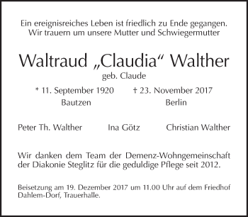 Traueranzeige von Waltraud Claudia Walther von Tagesspiegel