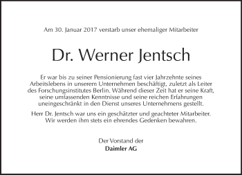 Traueranzeige von Werner Jentsch von Tagesspiegel