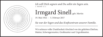 Traueranzeige von Irmgard Sinell von Tagesspiegel