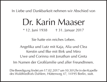 Traueranzeige von Karin Maaser von Tagesspiegel