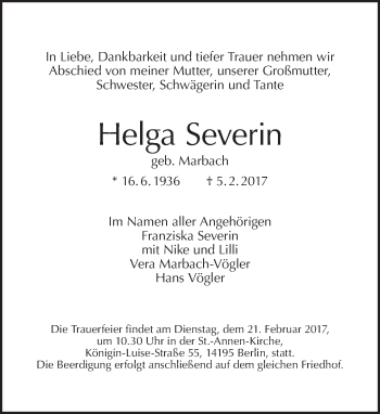 Traueranzeige von Helga Severin von Tagesspiegel