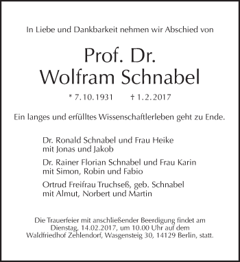 Traueranzeige von Wolfram Schnabel von Tagesspiegel