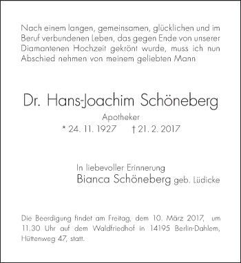 Traueranzeige von Hans-Joachim Schöneberg von Tagesspiegel