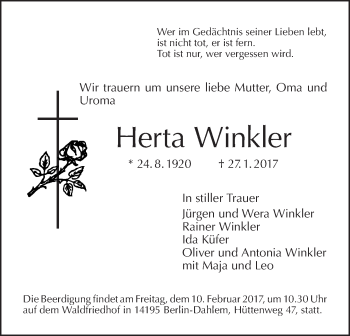 Traueranzeige von Herta Winkler von Tagesspiegel