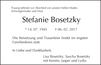 Traueranzeige von Stefanie Bosetzky von Tagesspiegel