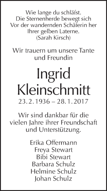 Traueranzeige von Ingrid Kleinschmitt von Tagesspiegel