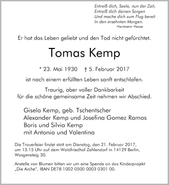 Traueranzeige von Tomas Kemp von Tagesspiegel