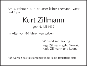 Traueranzeige von Kurt Zillmann von Tagesspiegel