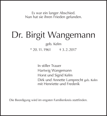 Traueranzeige von Birgit Wangemann von Tagesspiegel