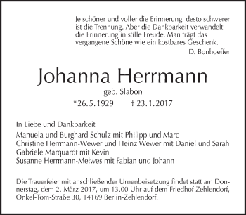 Traueranzeige von Johanna Herrmann von Tagesspiegel