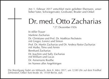 Traueranzeige von Otto Zacharias von Tagesspiegel