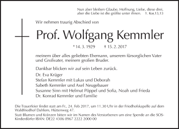 Traueranzeige von Wolfgang Kemmler von Tagesspiegel