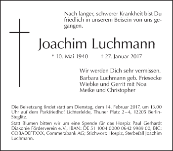 Traueranzeige von Joachim Luchmann von Tagesspiegel