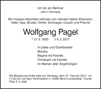 Traueranzeige von Wolfgang Pagel von Tagesspiegel