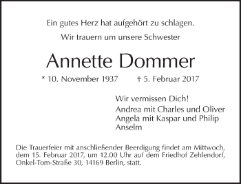 Traueranzeige von Annette Dommer von Tagesspiegel