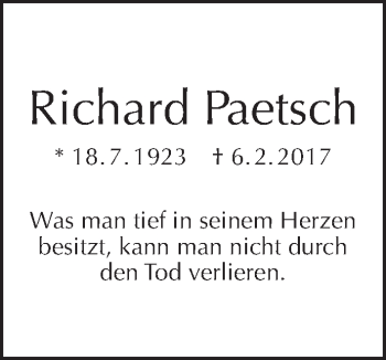 Traueranzeige von Richard Paetsch von Tagesspiegel