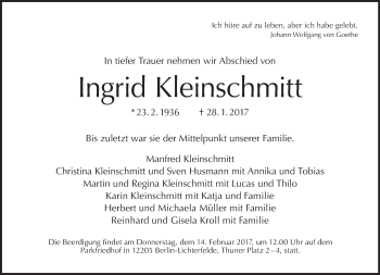 Traueranzeige von Ingrid Kleinschmitt von Tagesspiegel