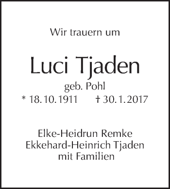 Traueranzeige von Luci Tjaden von Tagesspiegel