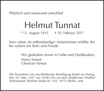 Traueranzeige von Helmut Tunnat von Tagesspiegel