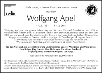 Traueranzeige von Wolfgang Apel von Tagesspiegel