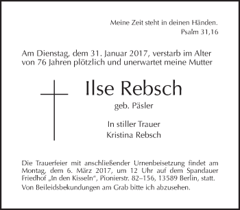 Traueranzeige von Ilse Rebsch von Tagesspiegel
