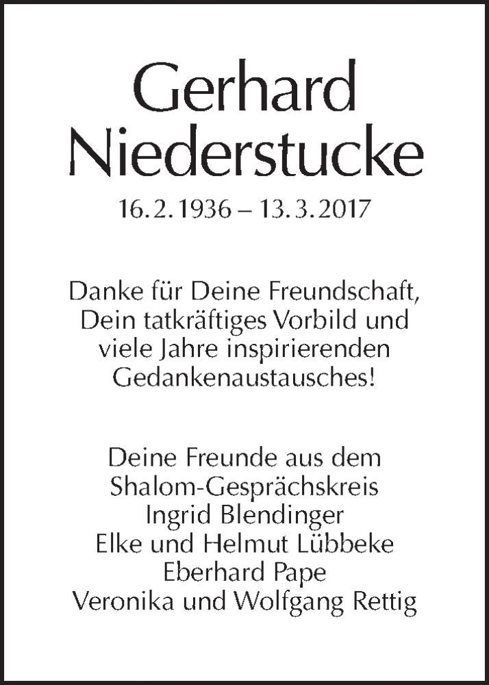  Traueranzeige für Gerhard Niederstucke vom 26.03.2017 aus Tagesspiegel