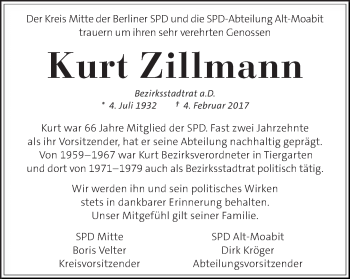 Traueranzeige von Kurt Zillmann von Tagesspiegel