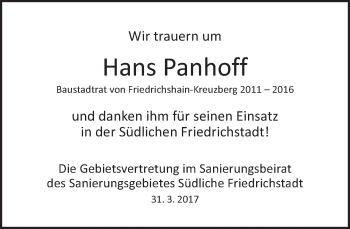 Traueranzeige von Hans Panhoff von Tagesspiegel