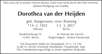 Traueranzeige von Dorothea van der Heijden von Tagesspiegel